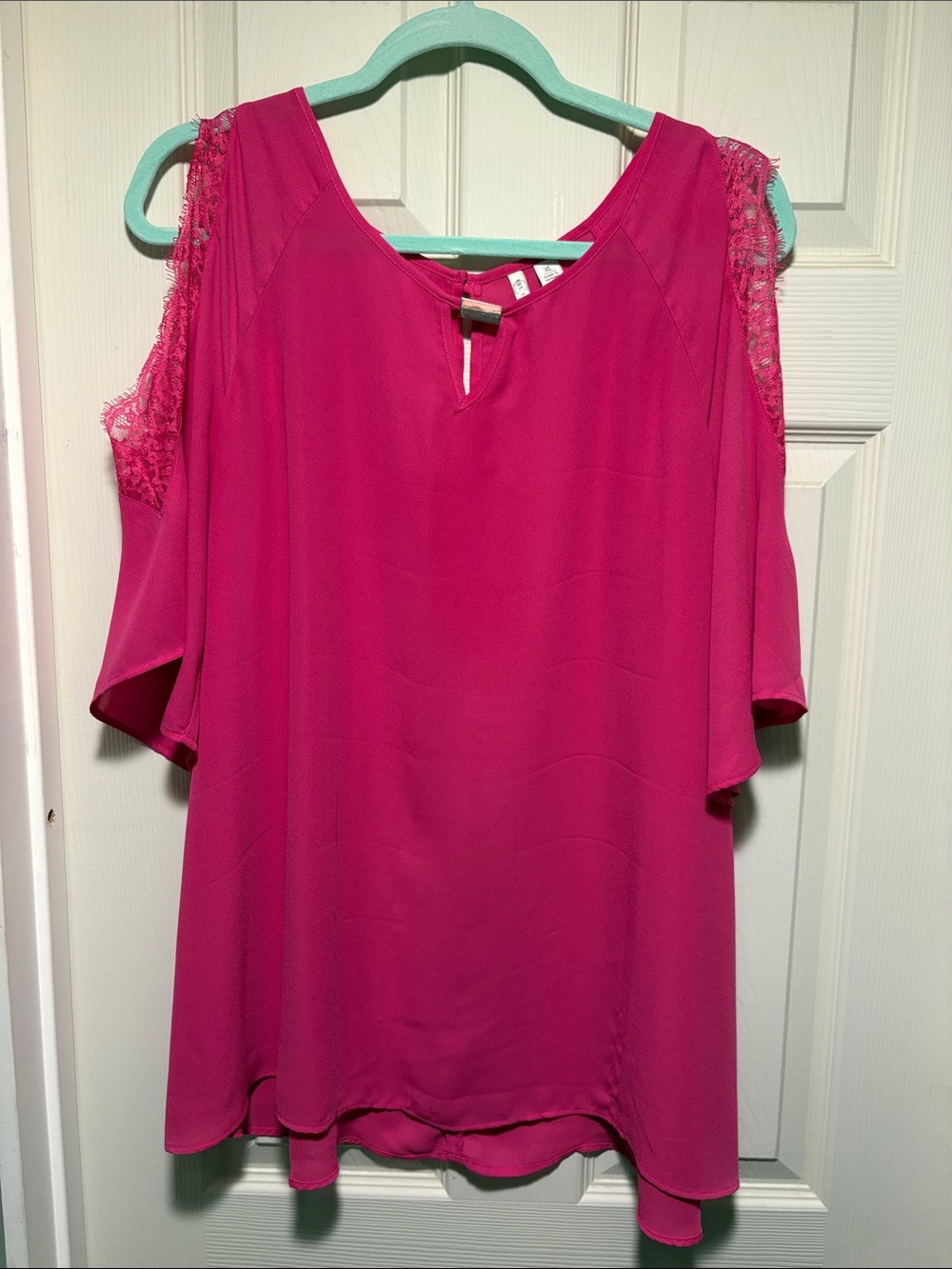 Women's Cold-Shoulder Lace-Trim Blouse in Bright Pink
